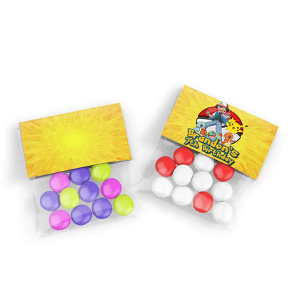 Pokemon treat bag topper label with character patterns and personalized thank you note for favors.