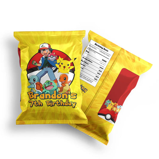 Pokemon chips bag label with colorful character design and custom name on flat lay snack bag.