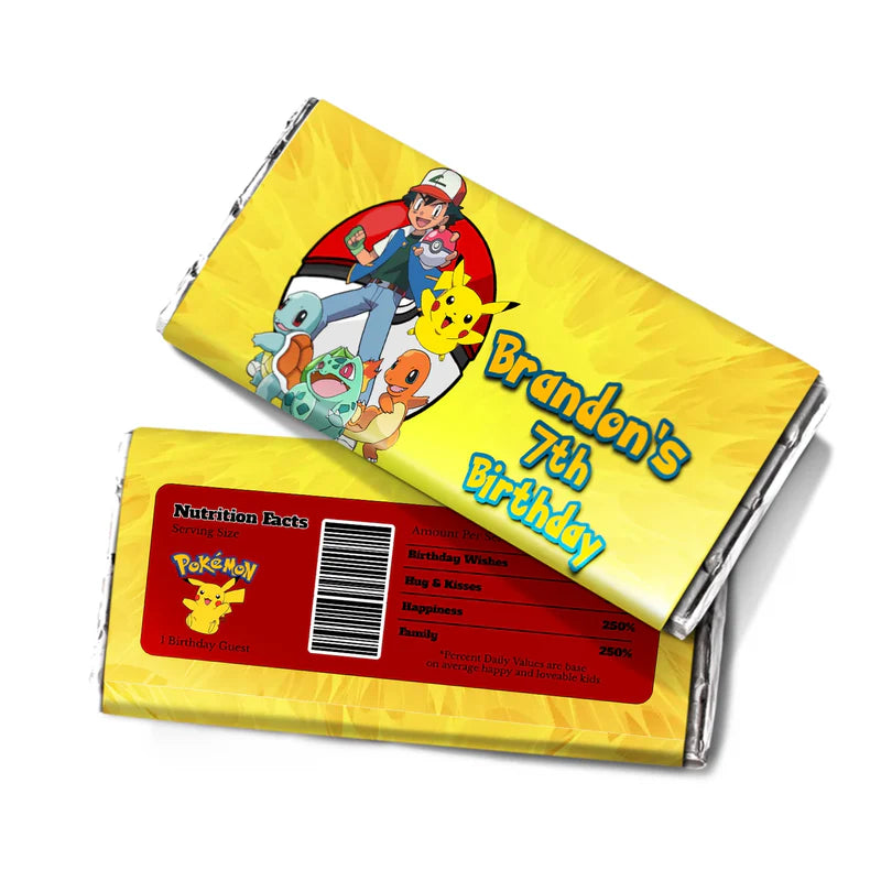 Pokemon chocolate label featuring character graphics and personalized name for candy bar wrappers.