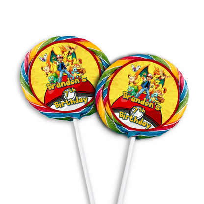 Pokemon lollipop label with circular character portraits and personalized name for sweet treats.