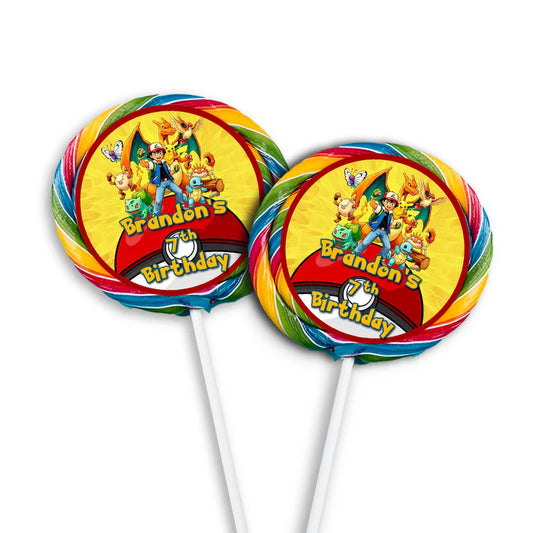 Pokemon lollipop label with circular character portraits and personalized name for sweet treats.