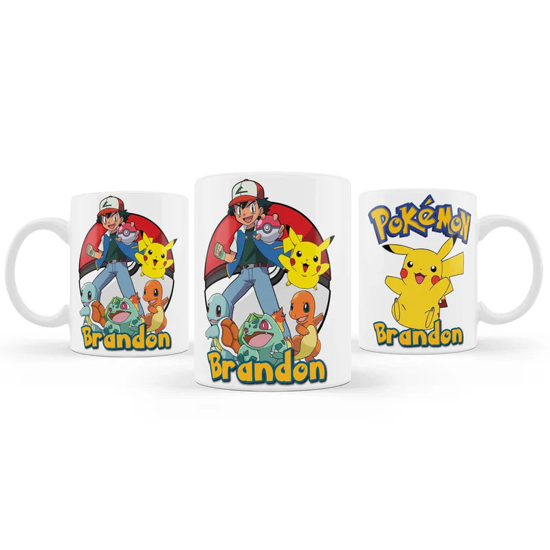 Pokemon sublimation mug with character wrap design and personalized name on white ceramic.