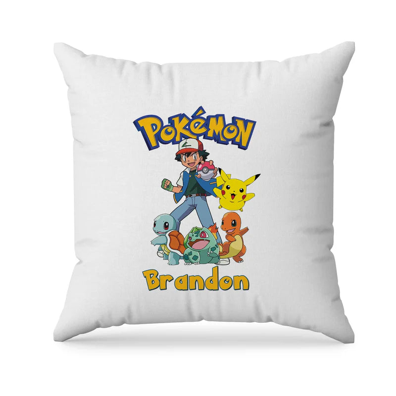 Pokemon sublimation pillowcase with character graphic and custom name on soft white fabric.