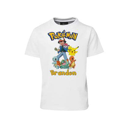 Pokemon sublimation t-shirt with large character print and personalized name on white cotton.