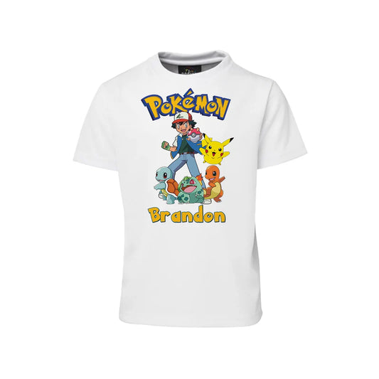 Pokemon sublimation t-shirt with large character print and personalized name on white cotton.