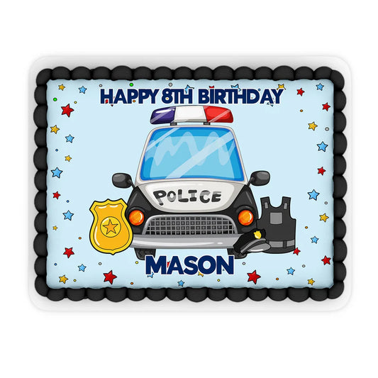 Kids police cake topper icing sheet with blue sirens and custom child name