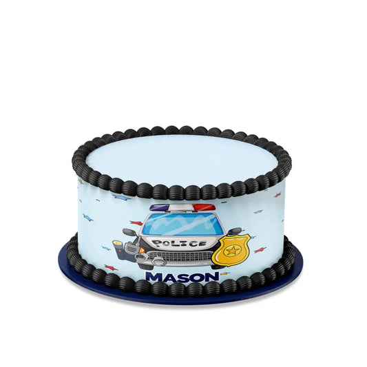 Kids police cake strips image with custom blue and black police car design