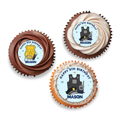 Kids police cupcake toppers with cartoon police car and personalized details