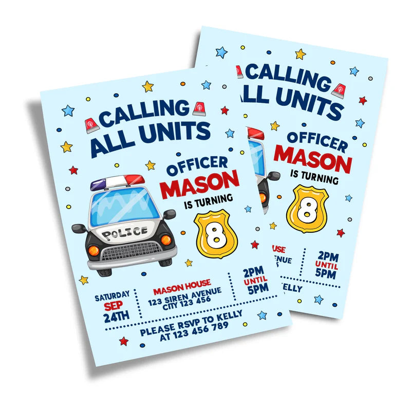 Kids police birthday card invitations with custom police badge and text