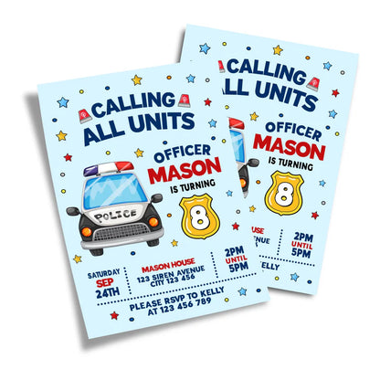 Kids police birthday card invitations with custom police badge and text