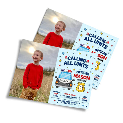 Kids police photo card invitations with child’s picture and police car border