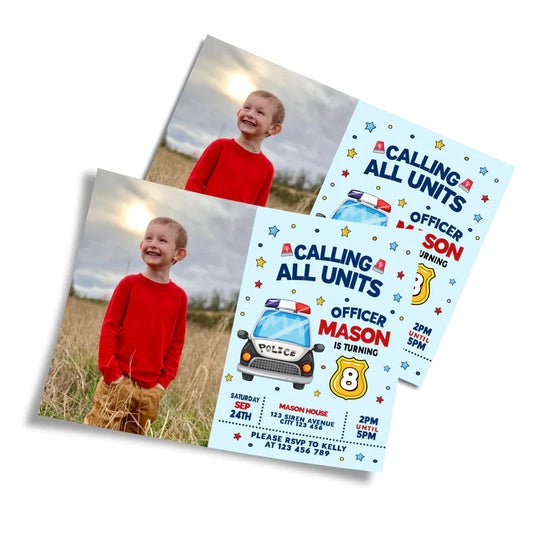 Kids police photo card invitations with child’s picture and police car border