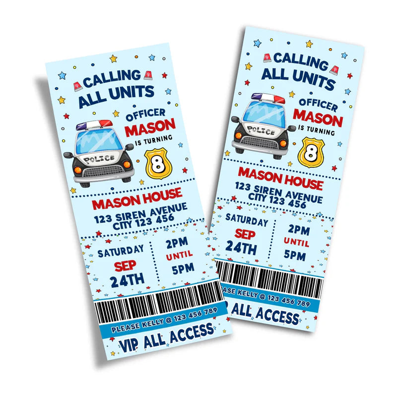 Kids police birthday ticket invitations with police badge and editable details
