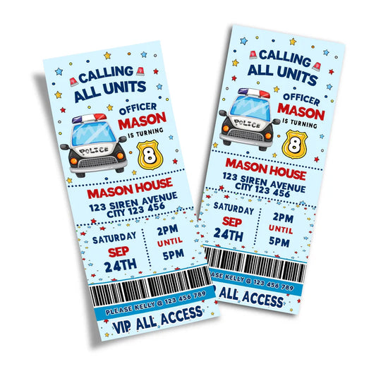 Kids police birthday ticket invitations with police badge and editable details