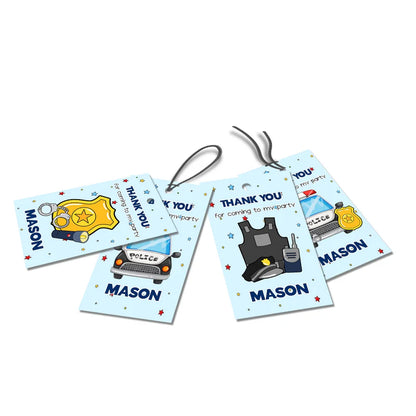 Kids police favor tags with cartoon police badge and editable thank you text