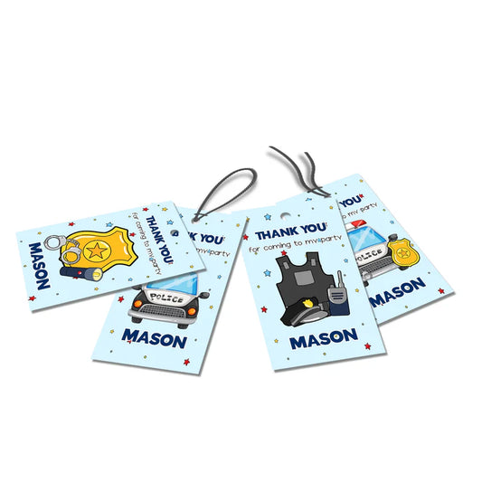 Kids police favor tags with cartoon police badge and editable thank you text
