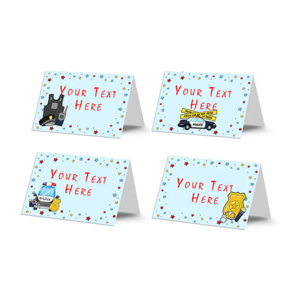 Kids police food cards with blue border and police car icon for labeling snacks