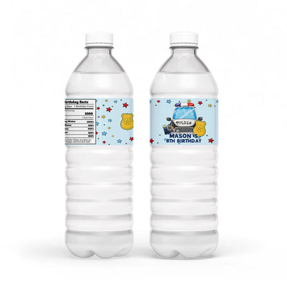 Kids police water bottle label with cartoon police car wrap design on white background
