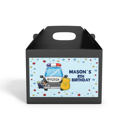 Kids police treat box label with editable text and police theme for party favors