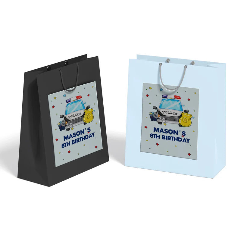 Kids police goodie bag label with police badge and personalized party message