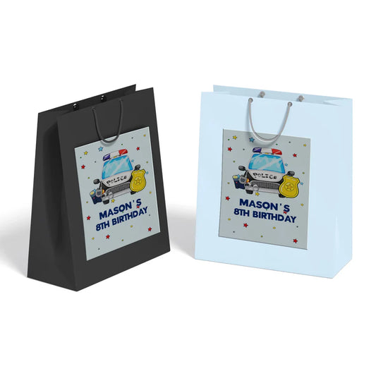 Kids police goodie bag label with police badge and personalized party message