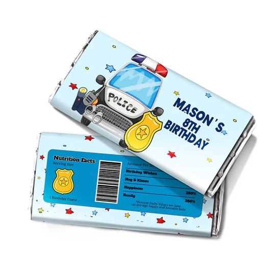 Kids police chocolate label with blue police theme wrapper for candy bars