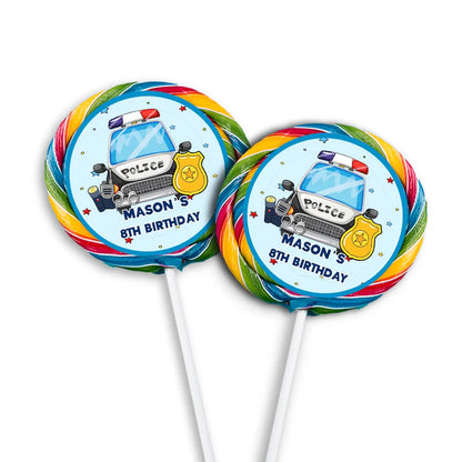 Kids police lollipop label with cartoon police badge and editable thank you text
