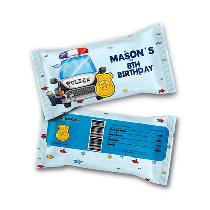 Kids police Skittles label with blue police theme wrapper for candy favors