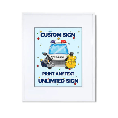 Kids police custom party sign with bold police car graphic on white background