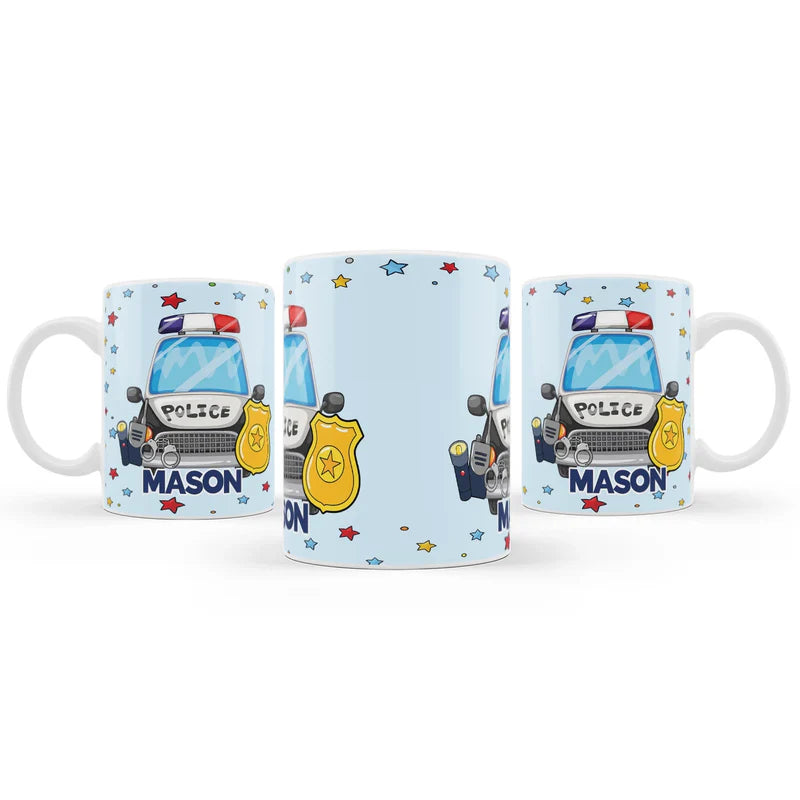Kids police sublimation mug with blue police car design on white ceramic