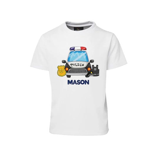 Kids police sublimation T-shirt with blue police car and editable child’s name