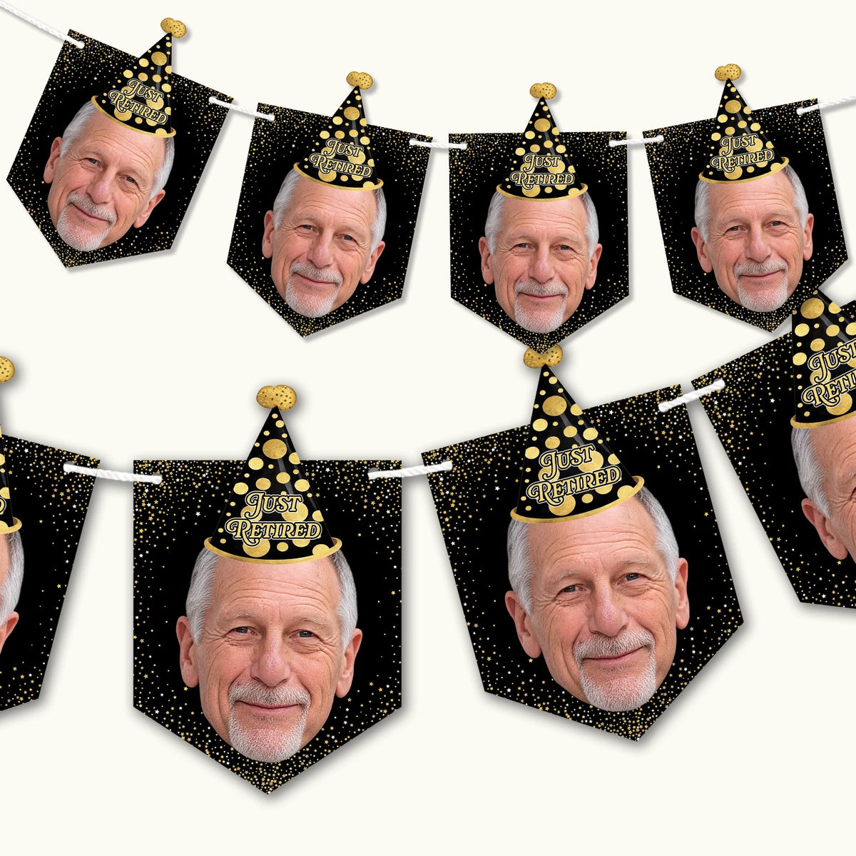 Custom retirement bunting banner hanging on a wall featuring personalised face photo cutouts and custom congratulations text