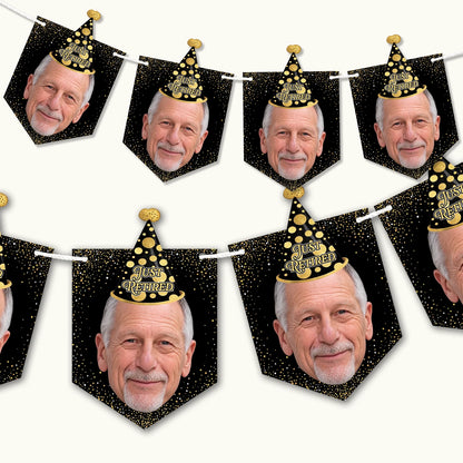Custom retirement bunting banner hanging on a wall featuring personalised face photo cutouts and custom congratulations text