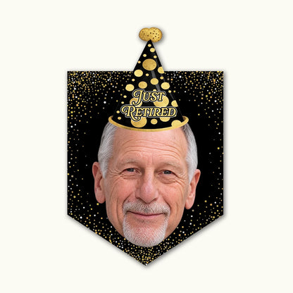Close-up of a personalised retirement party garland showing high-quality cardstock cutouts of a face wearing a mini party hat.