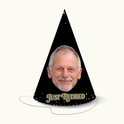 Custom retirement cone party hat featuring a personalised coworker face cutout and custom congratulations text