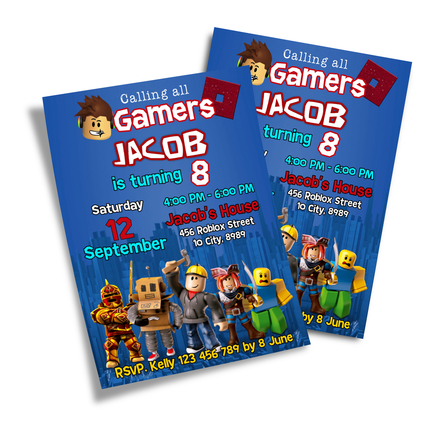 Roblox themed personalized birthday card invitations