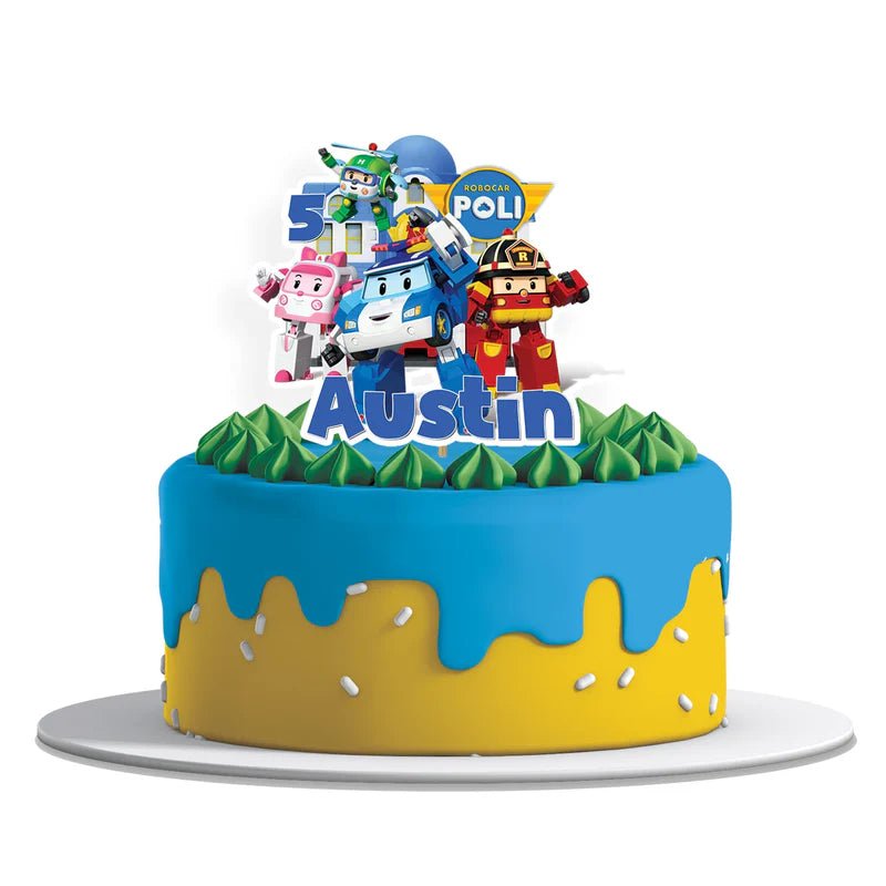 Robocar POLI cake toppers with character cutouts and bright graphics on white background