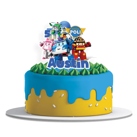 Robocar POLI cake toppers with character cutouts and bright graphics on white background