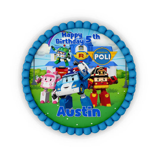 Robocar POLI icing sheet cake images in full color with characters and logo on white background