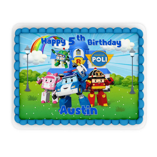 Robocar POLI sheet cake topper with vivid edible design on a flat white surface
