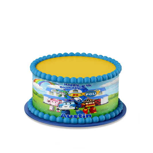 Robocar POLI edible cake strips with bold colors and character pattern laid flat