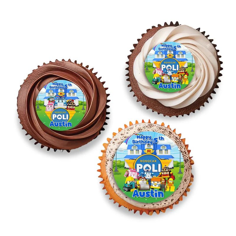Robocar POLI cupcake toppers featuring character faces and bright borders on a clean background