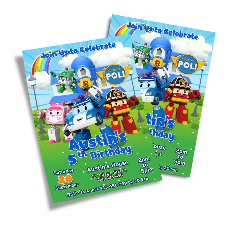 Robocar POLI birthday invitations with cartoon graphics and editable text in a flat lay format