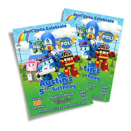 Robocar POLI birthday invitations with cartoon graphics and editable text in a flat lay format