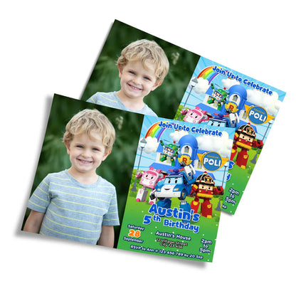 Robocar POLI photo invitations with personalized name and picture area in blue and red tones