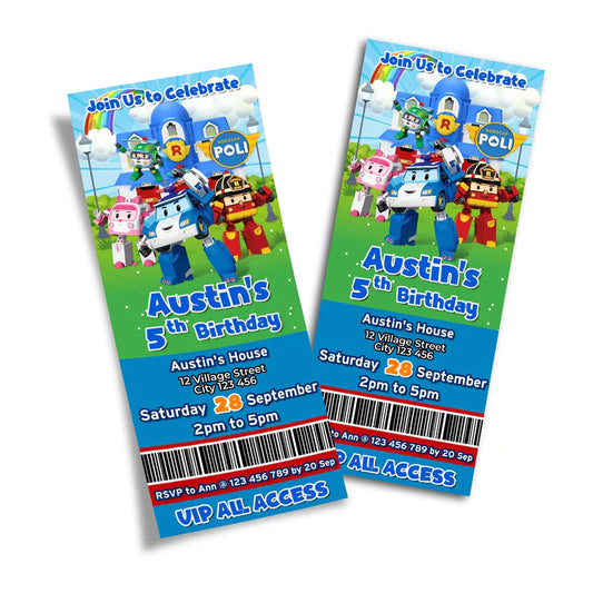 Robocar POLI birthday ticket invites with character design and barcode layout on white background