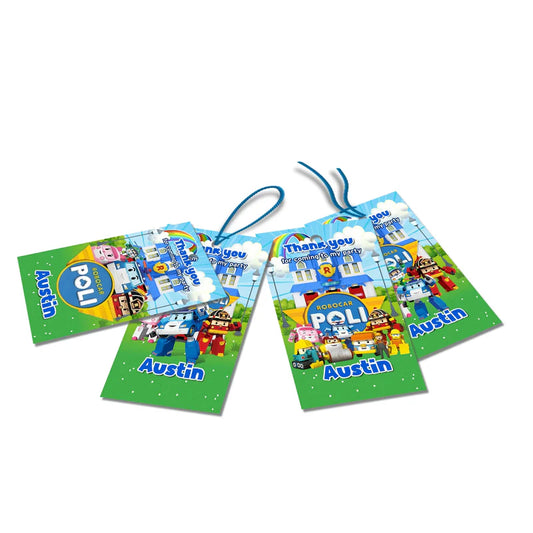 Robocar POLI thank you tags with character graphics and editable text on a flat surface