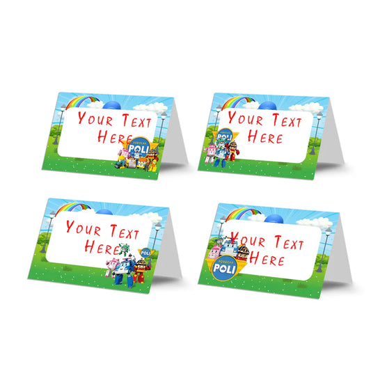 Robocar POLI food cards with foldable template in matching party theme and color palette