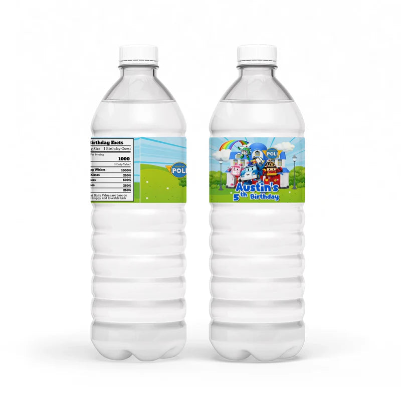 Robocar POLI water bottle labels with character border and editable name field on light backdrop
