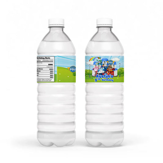 Robocar POLI water bottle labels with character border and editable name field on light backdrop